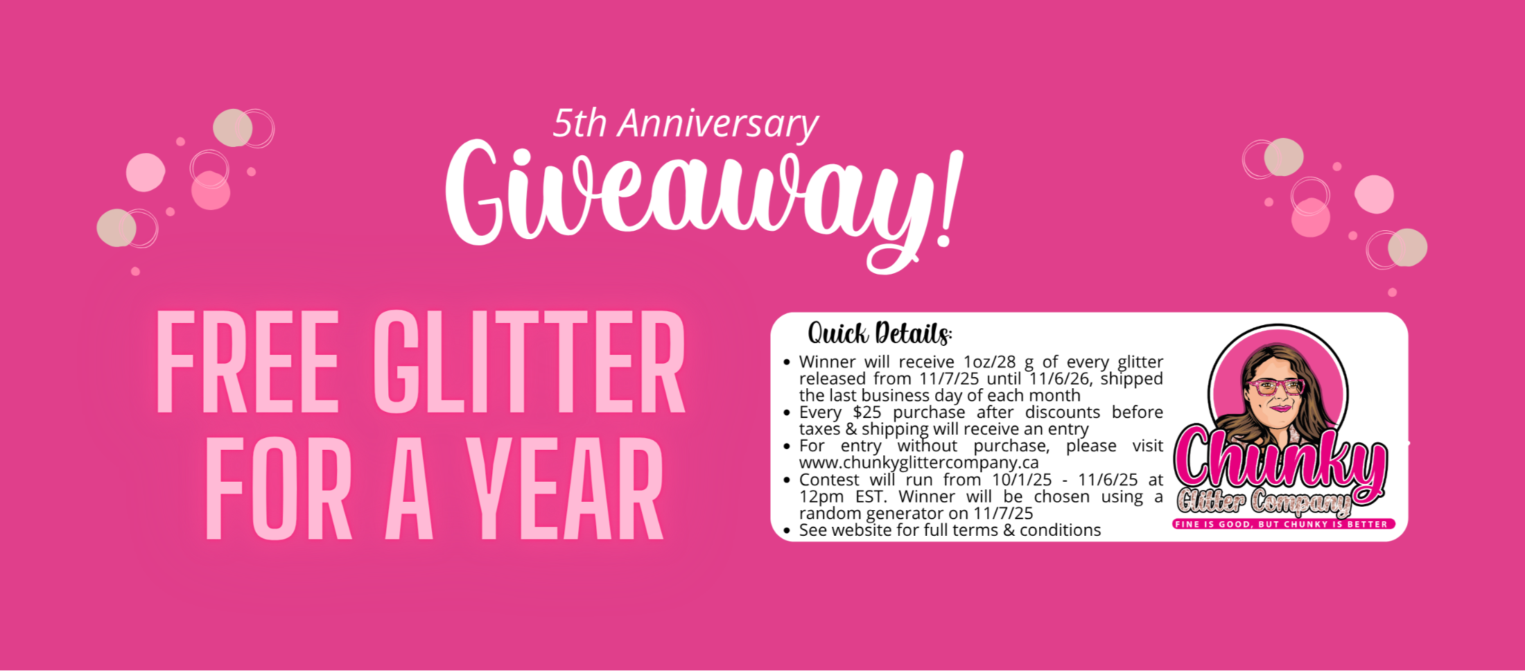 Pink banner with text for a 5th anniversary giveaway offering free glitter for a year.