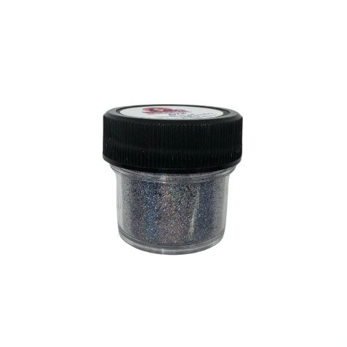 A small jar of silver holographic glitter powder from a side view.
