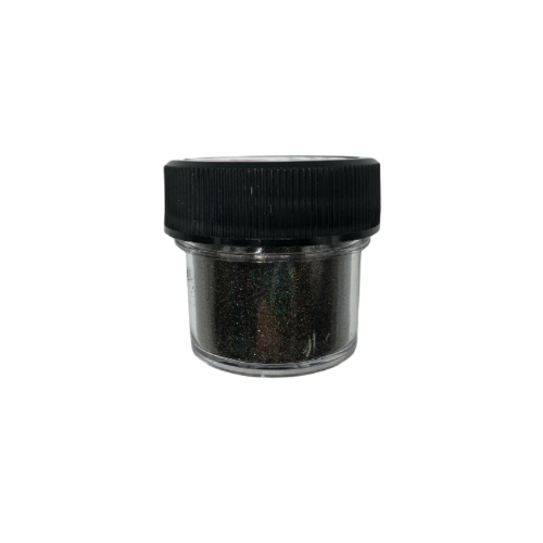 A small jar of black holographic glitter powder from a side view.