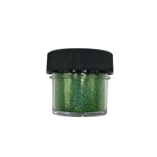 A small jar of green holographic glitter powder from a side view.