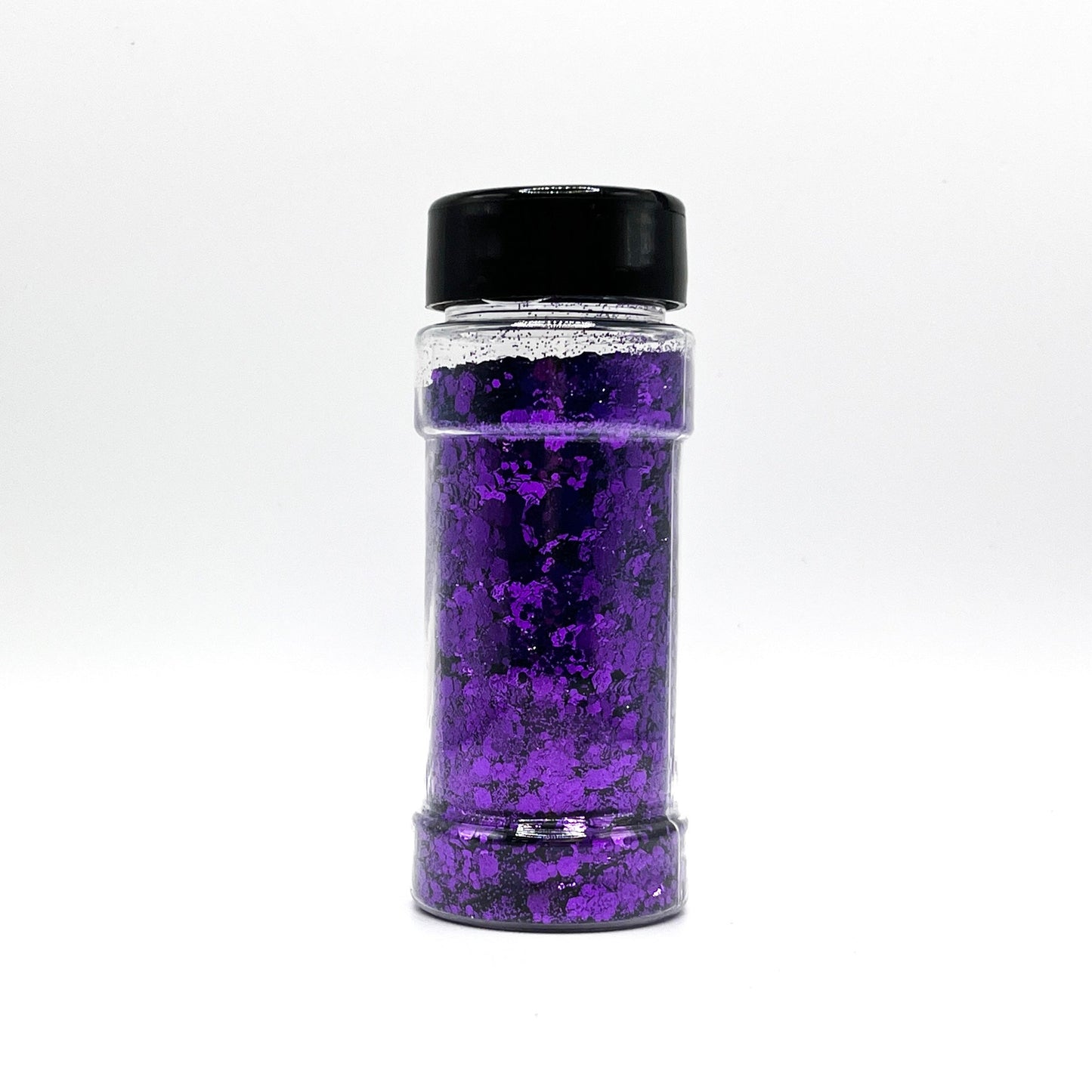 A 2oz jar containing 1oz of chunky glitter with a black cap.