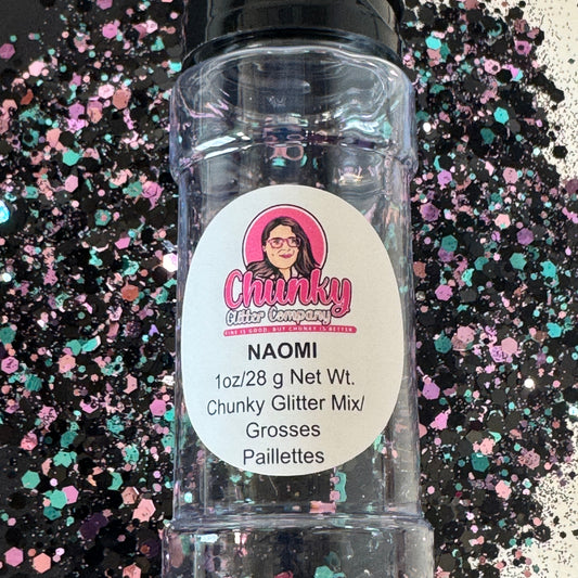 A clear plastic bottle with a label showing 'Naomi' by Chunky Glitter Company, containing a Black/Light Teal/Light Purple/Light Pink chunky glitter mix.