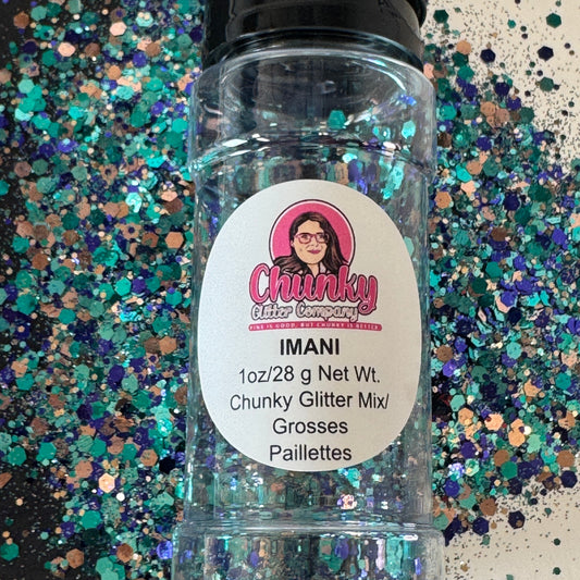A clear plastic bottle with a label showing 'Imani' by Chunky Glitter Company, containing a Light Light Teal/Rose Gold/Blue chunky glitter mix.