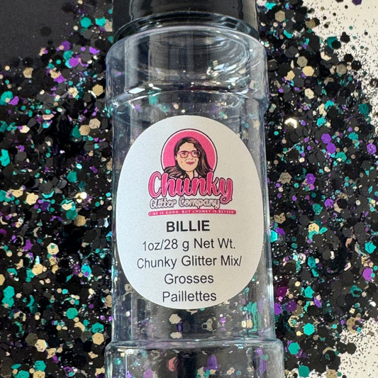 A clear plastic bottle with a label showing 'Billie' by Chunky Glitter Company, containing a Light Black/Teal/Purple/Gold chunky glitter mix.