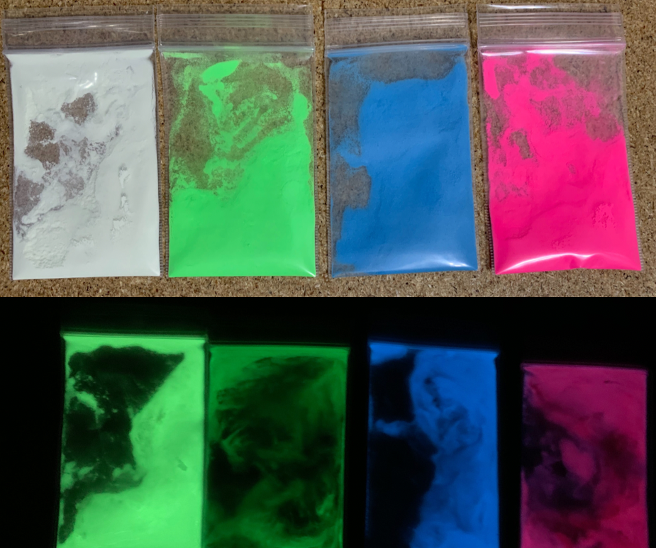 An image showing white/green/blue/pink glow in the dark powders plain and glowing.