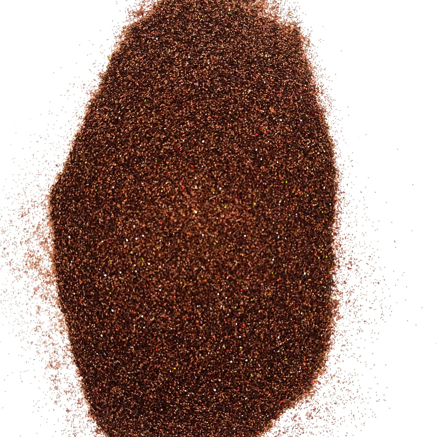 A pile of brown, extra fine glitter with a holographic finish.
