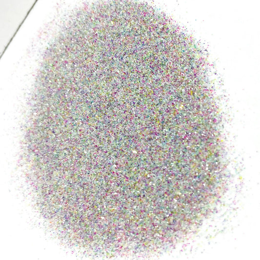 A pile of multicolored glitter, including pink, purple, and white, against a white background.