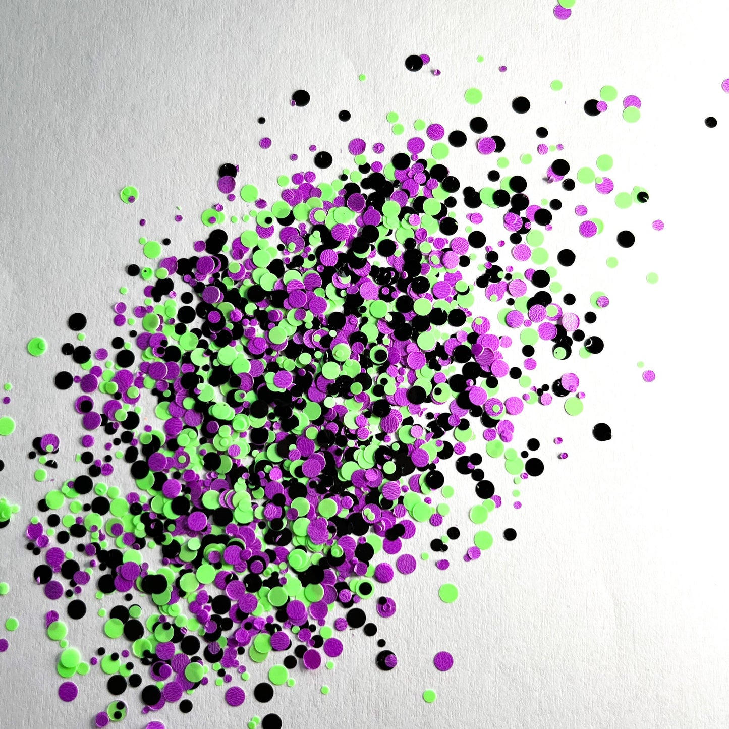 A mixture of purple, green, and black glitter circles scattered on a white surface.