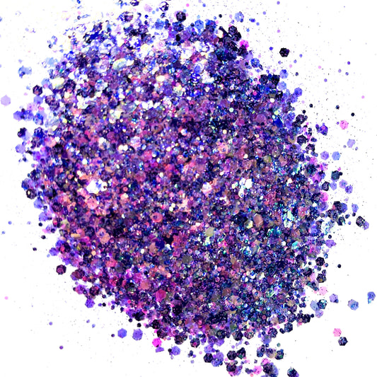 A purple chunky glitter mix on a white background.