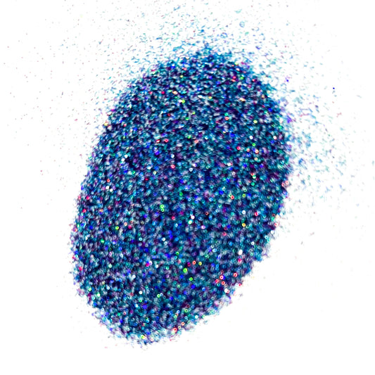 A pile of blue glitter on a white background.