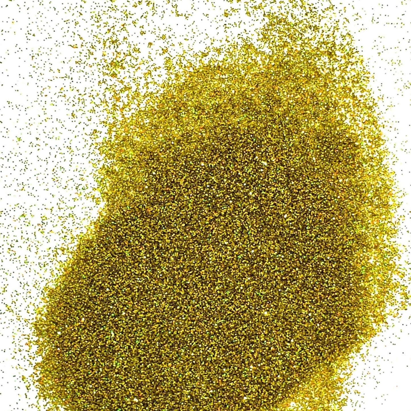 A pile of gold holographic glitter, in extra fine on a white background.
