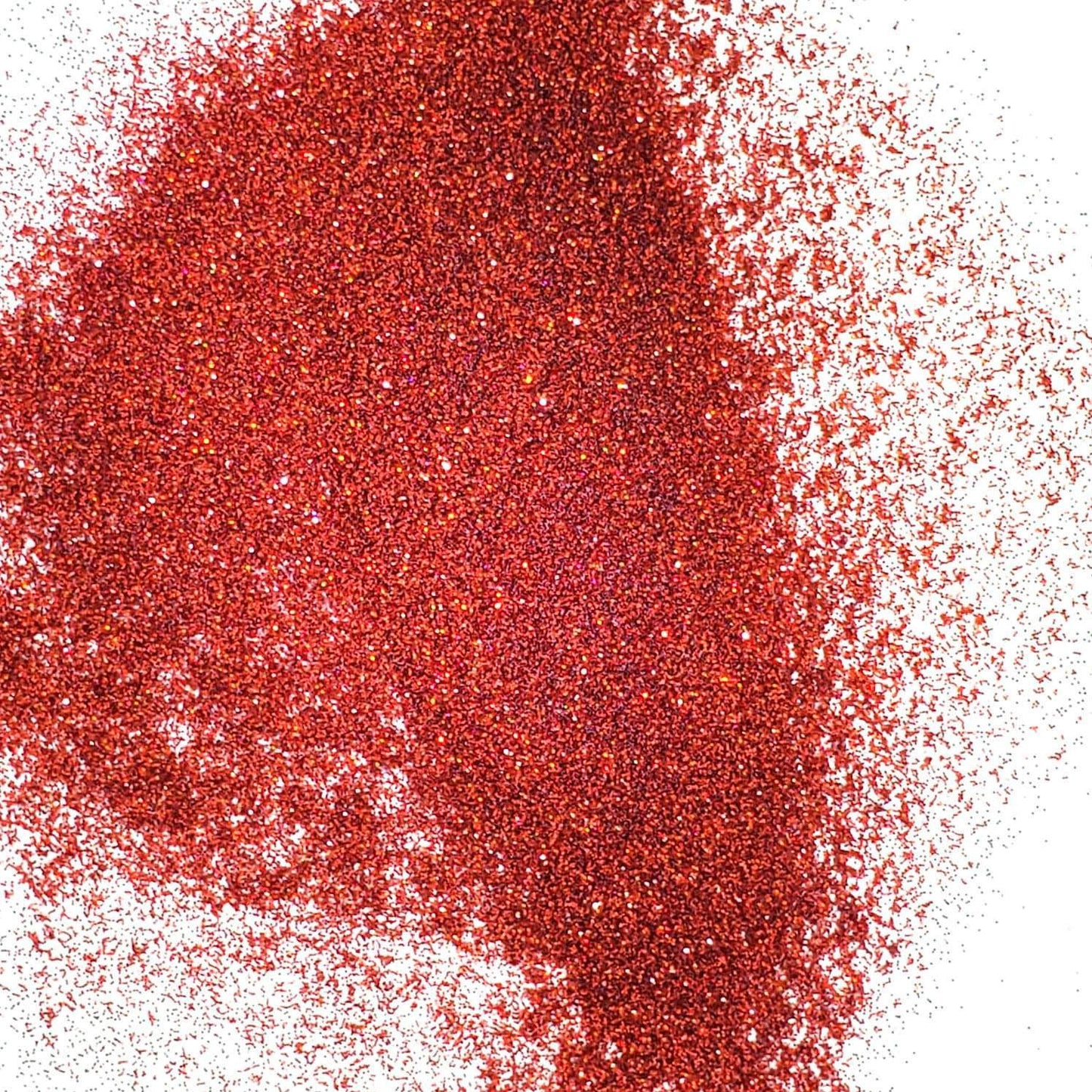A pile of maroon holographic glitter, in extra fine on a white background.