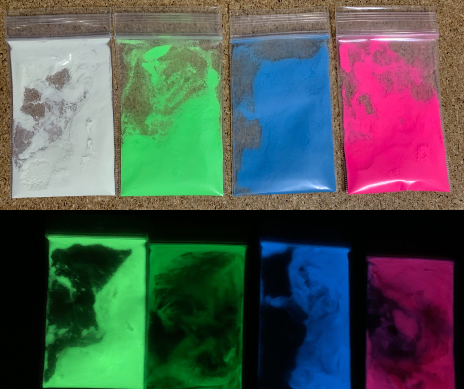 An image showing white/green/blue/pink glow in the dark powders plain and glowing.