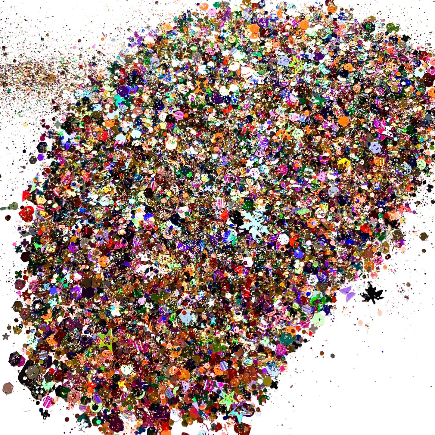A close-up view of a collection of multicolored glitters, resembling a kitchen sink mix, with various sizes and colors.