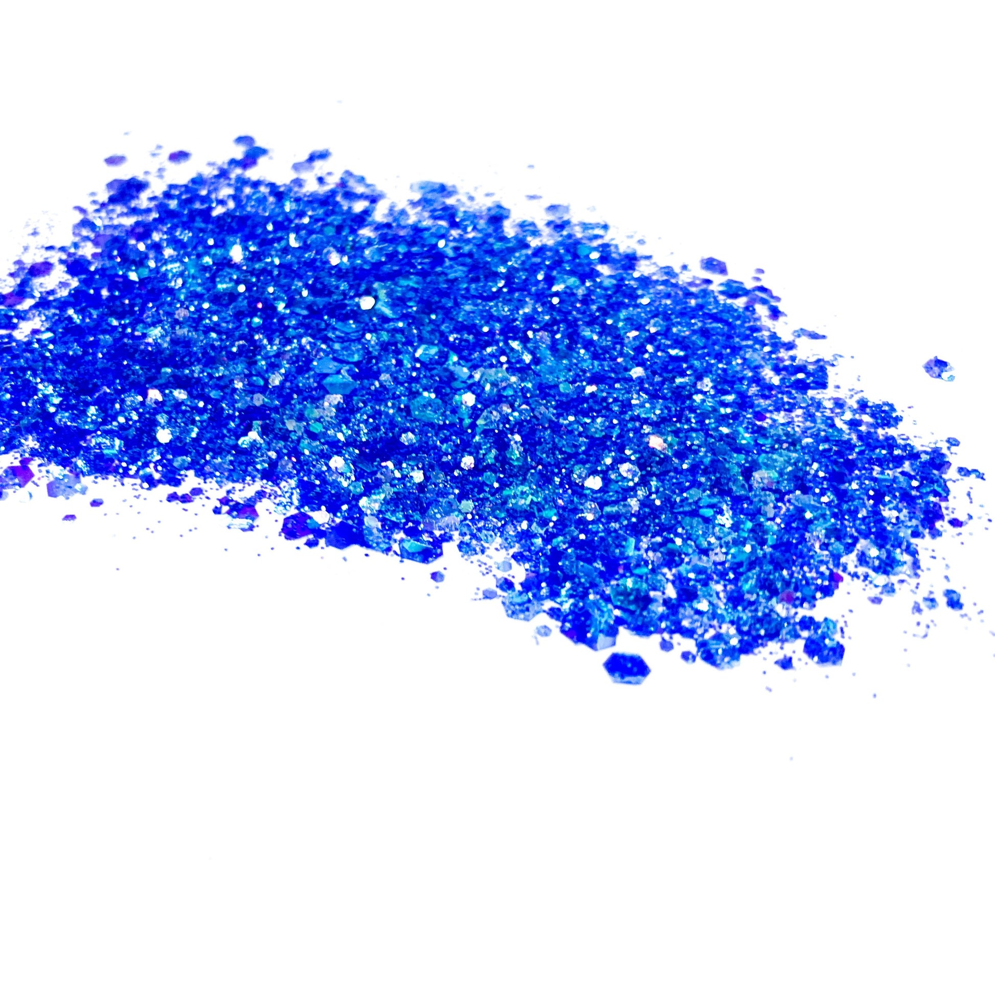 A blue chunky glitter mix on a white background.