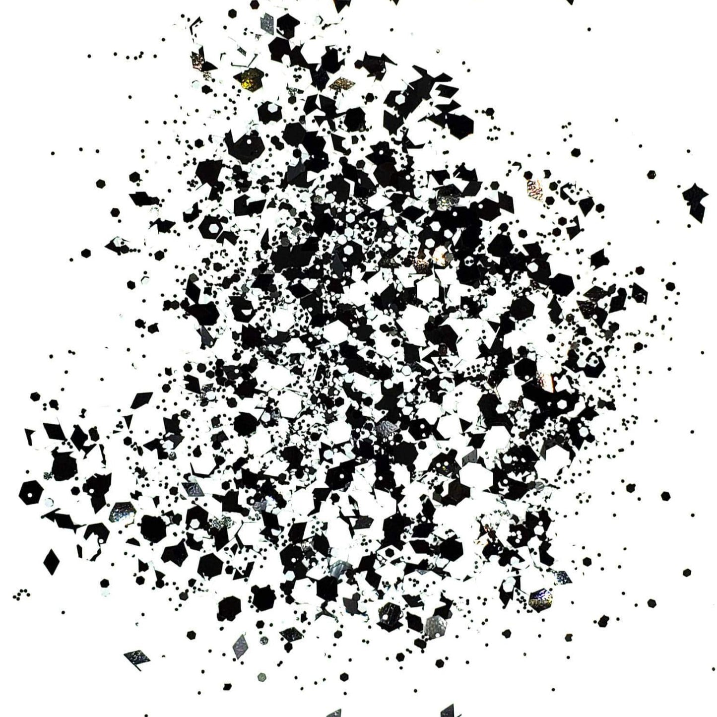 A close-up image of black and white chunky glitter mix.