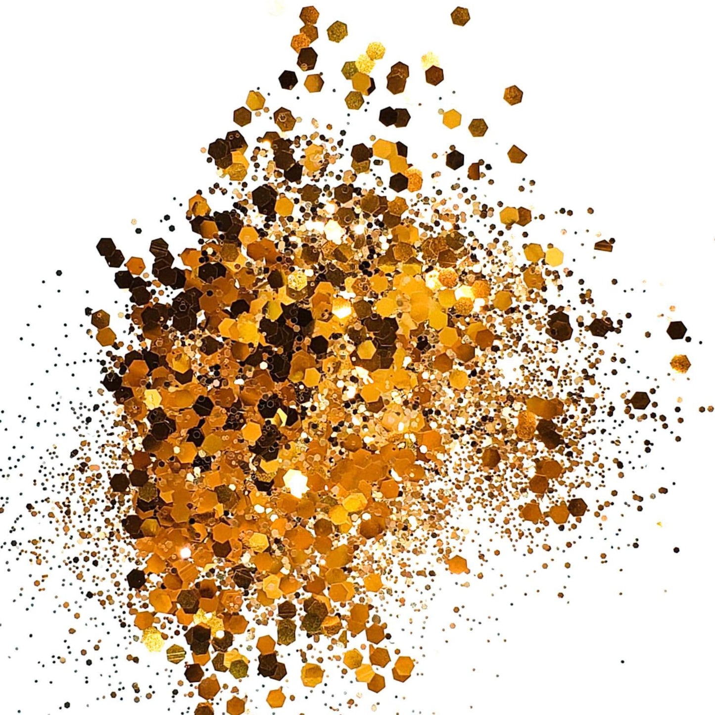 A cluster of bronze and copper colored round glitter pieces scattered on a white background.