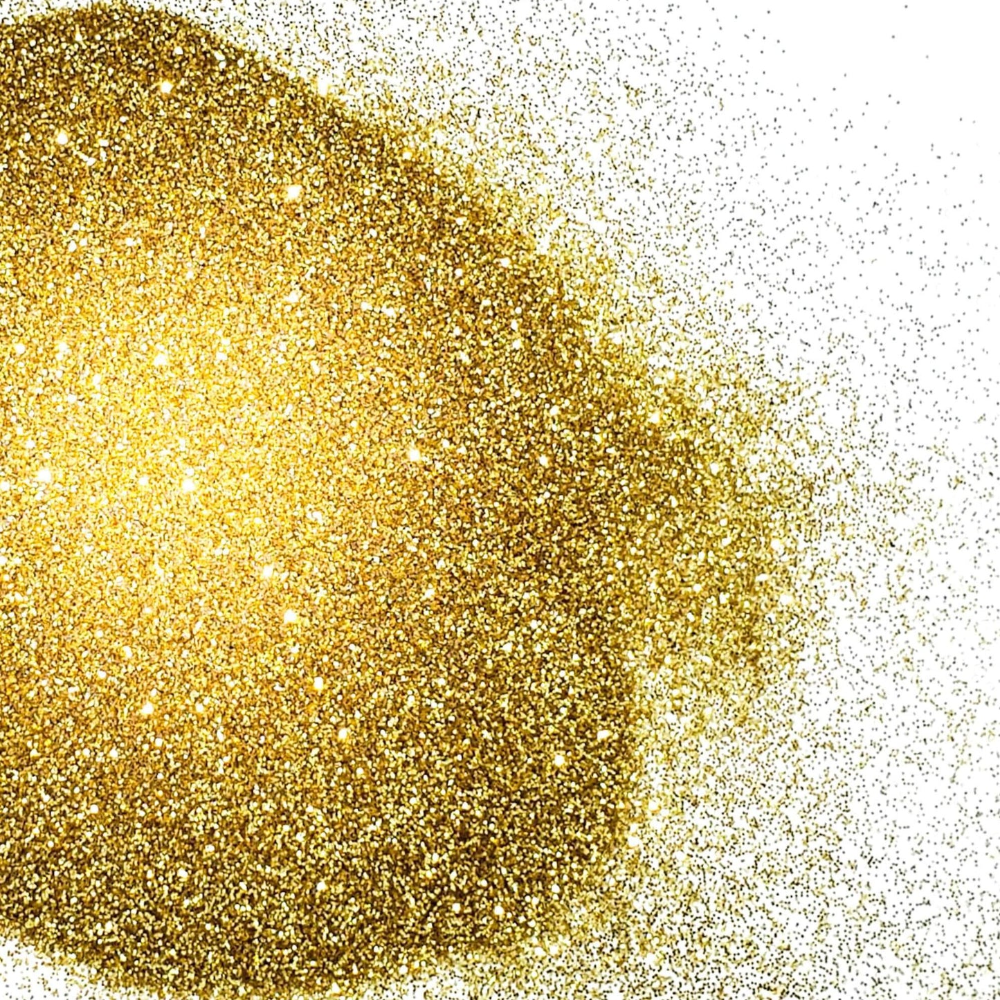 A pile of gold glitter, in extra fine on a white background.