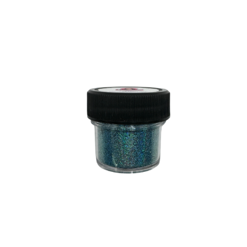 A small jar of blue holographic glitter powder from a side view.