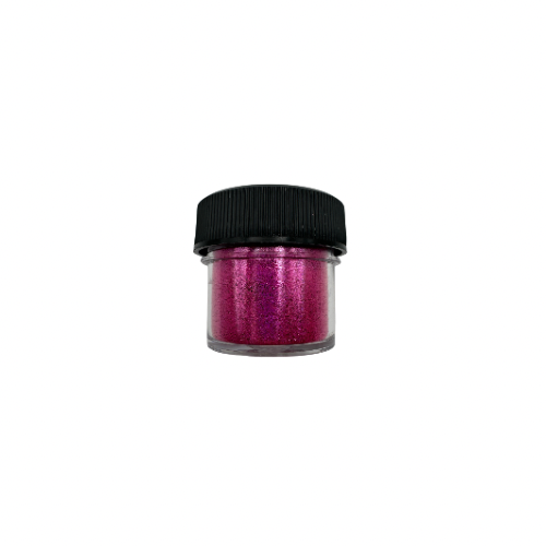 A small jar of pink holographic glitter powder from a side view.