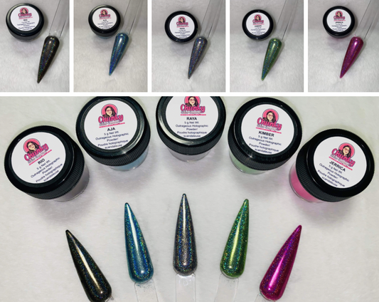 A collection of Outrageous Holographic Powder Bundles in various colors, displayed in small jars with screw top lids, alongside small sample containers showing the holographic effect when applied.