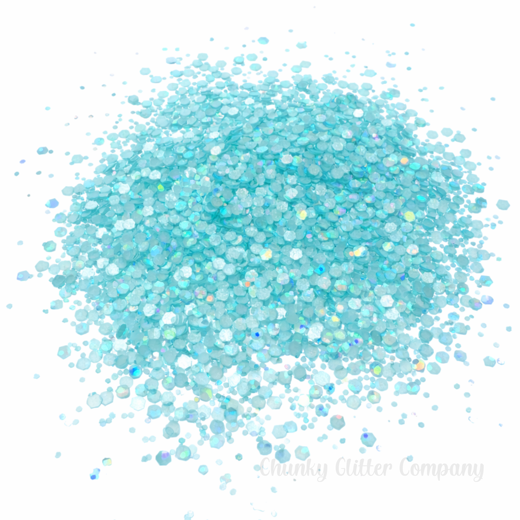 Light blue glitter on a white background with 'Chunky Glitter Company' branding.
