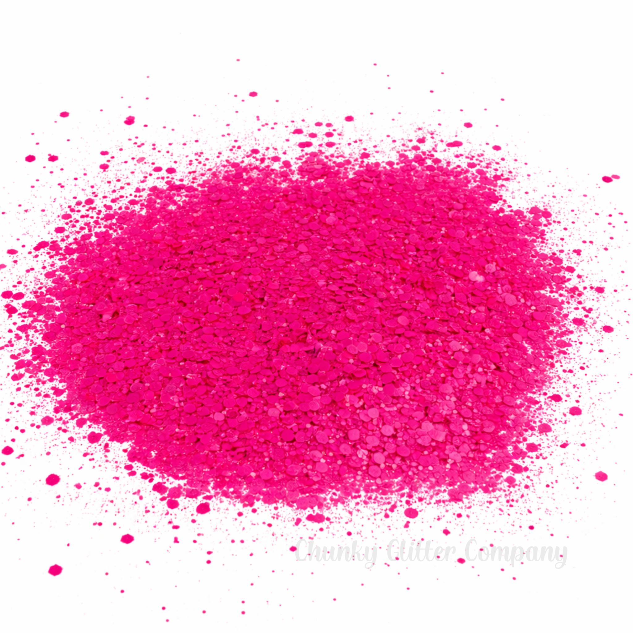Fluorescent Pink chunky glitter on a white background with branding "Chunky Glitter Company"