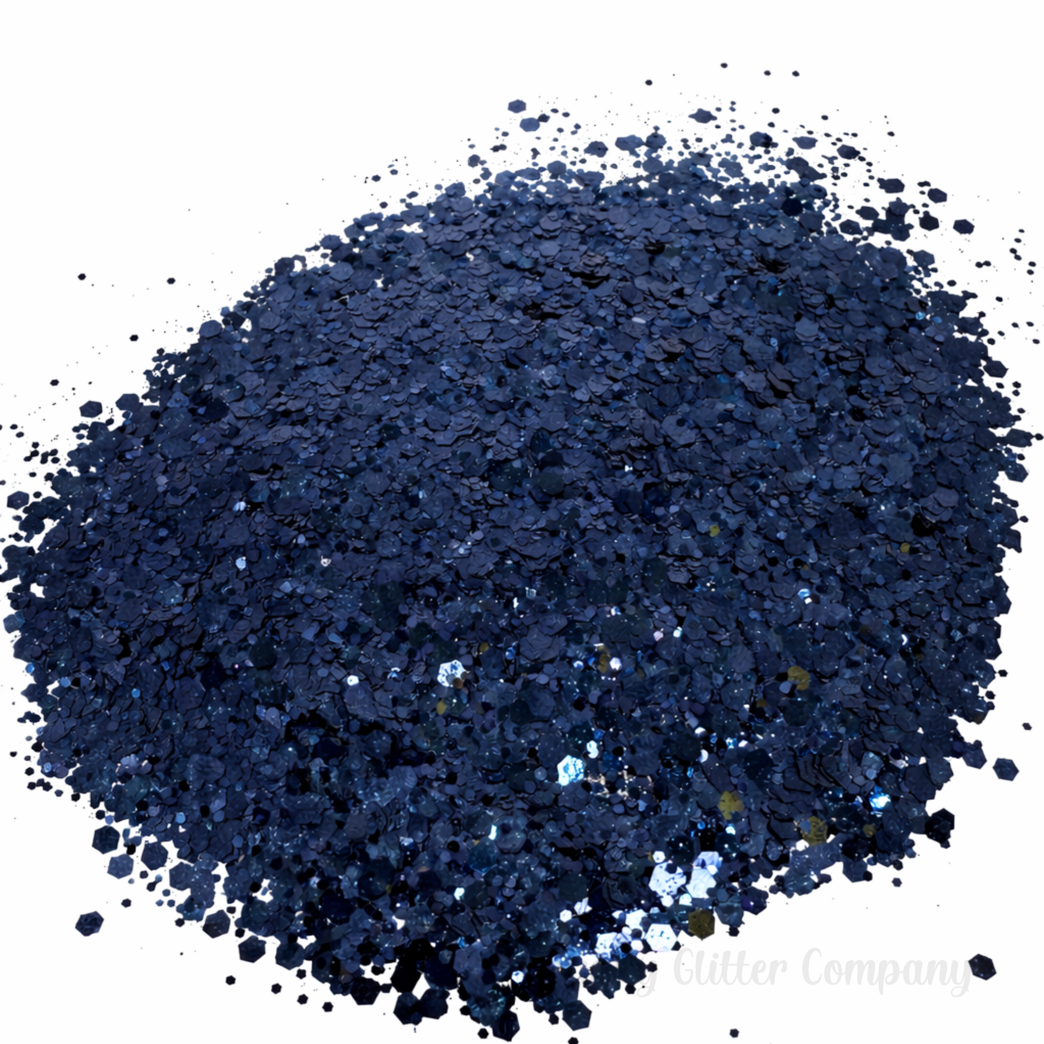 Navy blue chunky glitter on a white background with branding "Chunky Glitter Company"
