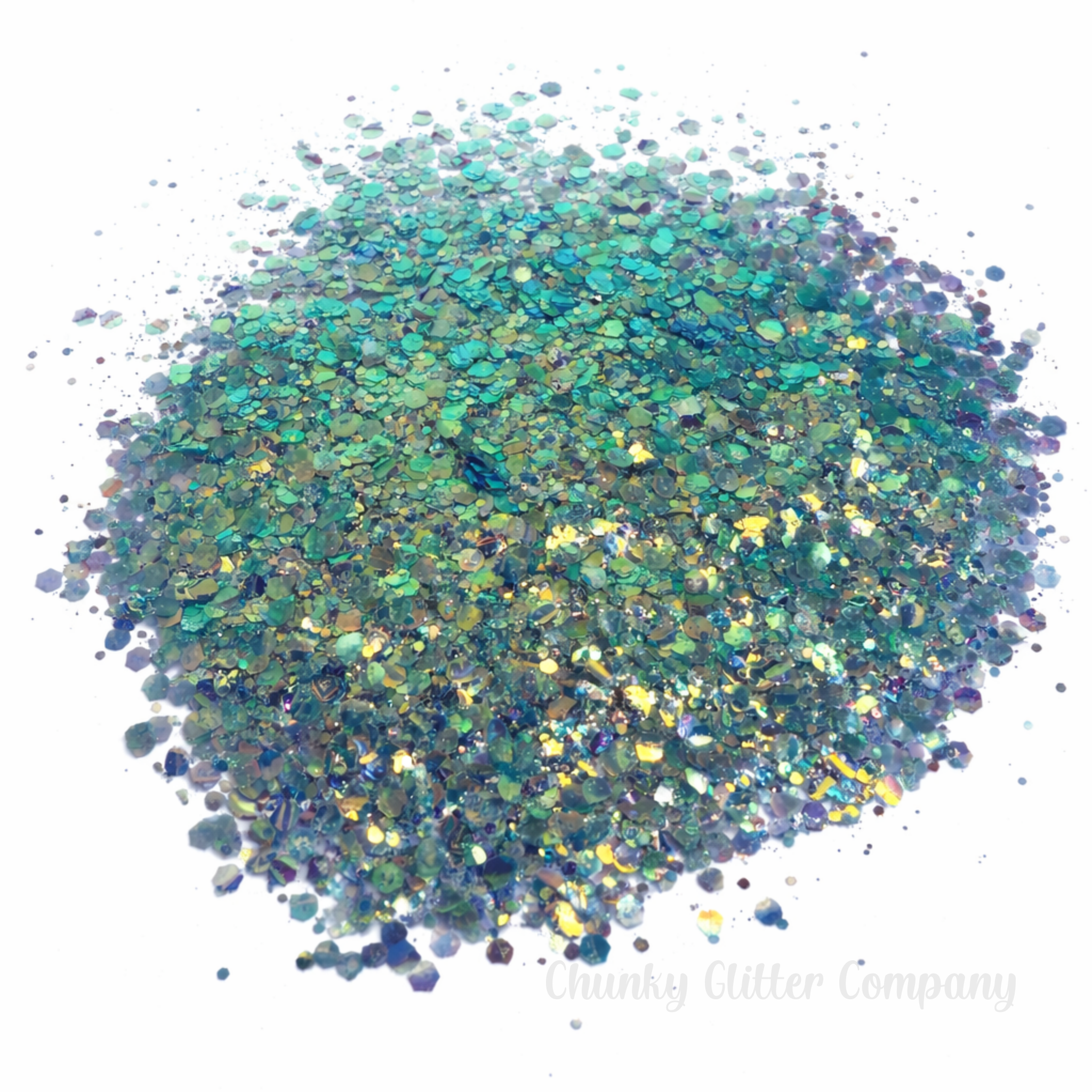 Blue iridescent chunky glitter on a white background with the branding "Chunky Glitter Company"
