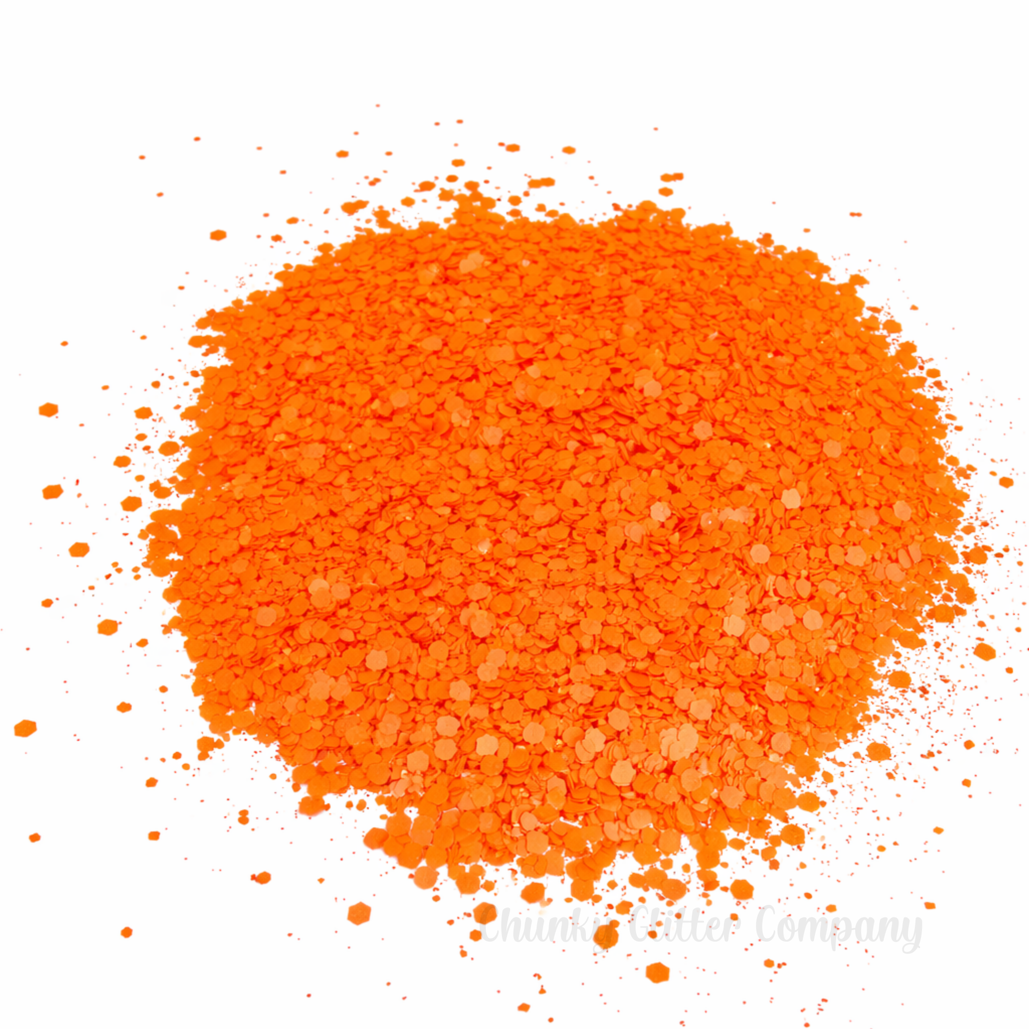 Fluorescent Orange chunky glitter on a white background with branding "Chunky Glitter Company"