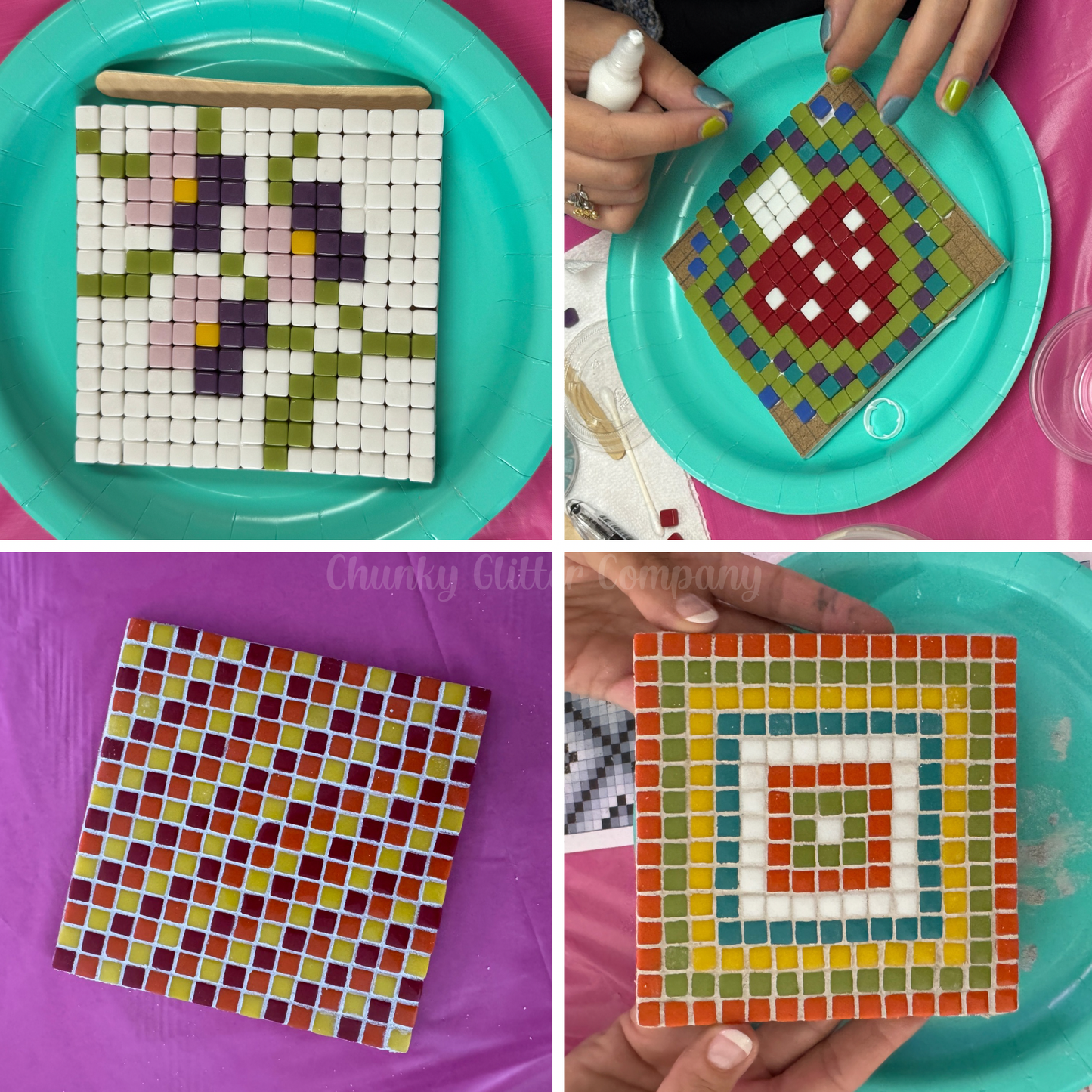 Collage of mosaic art coasters on plates with hands working on them.