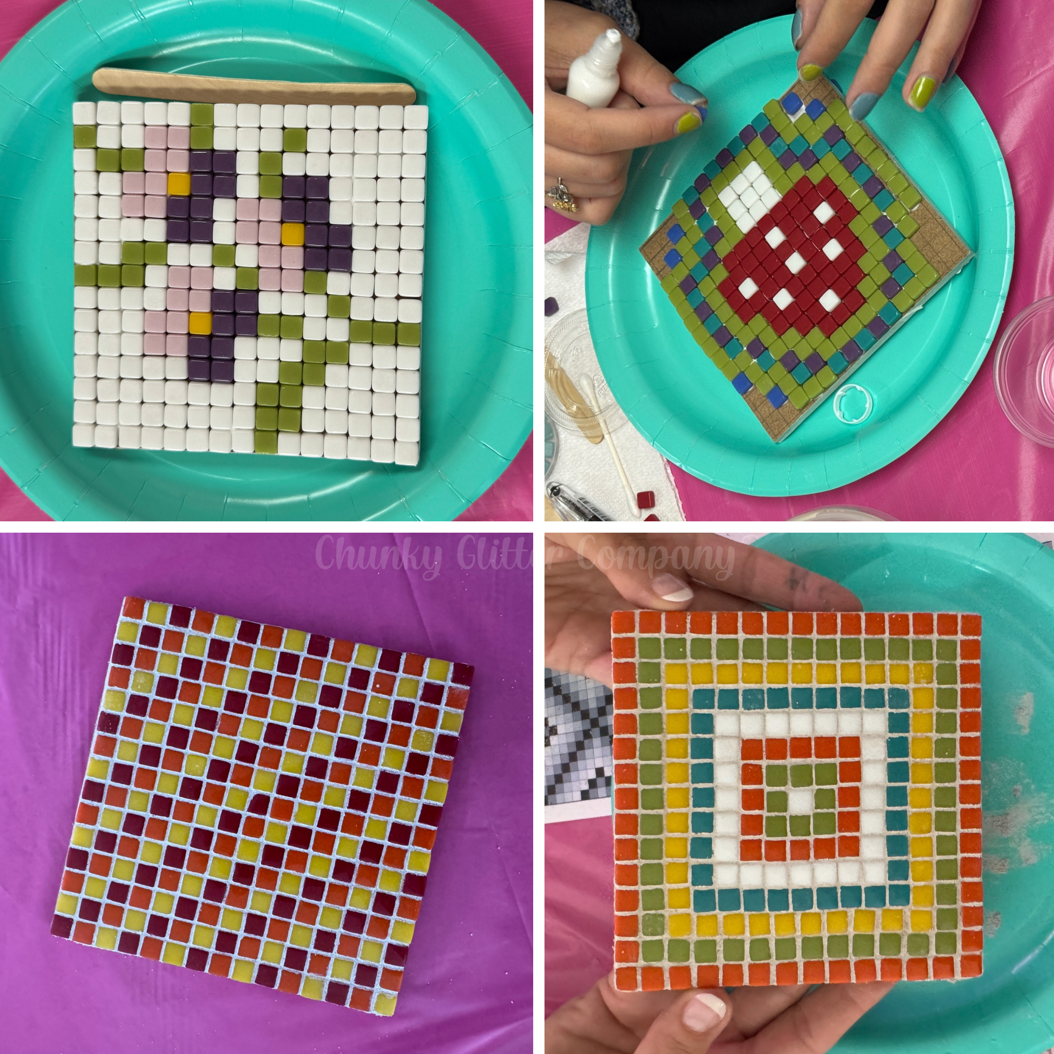 Collage of mosaic art coasters on plates with hands working on them.
