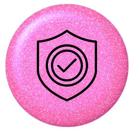 pink glitter button with a shield and check mark