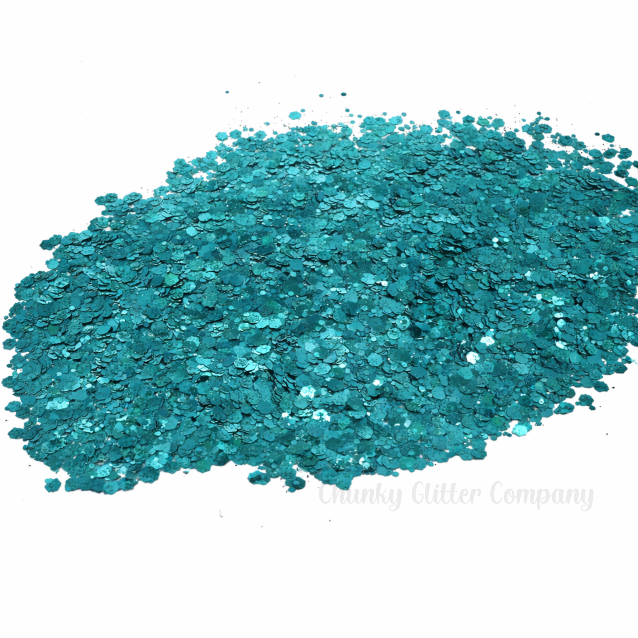 Turquoise chunky glitter on a white background with 'Chunky Glitter Company' text.