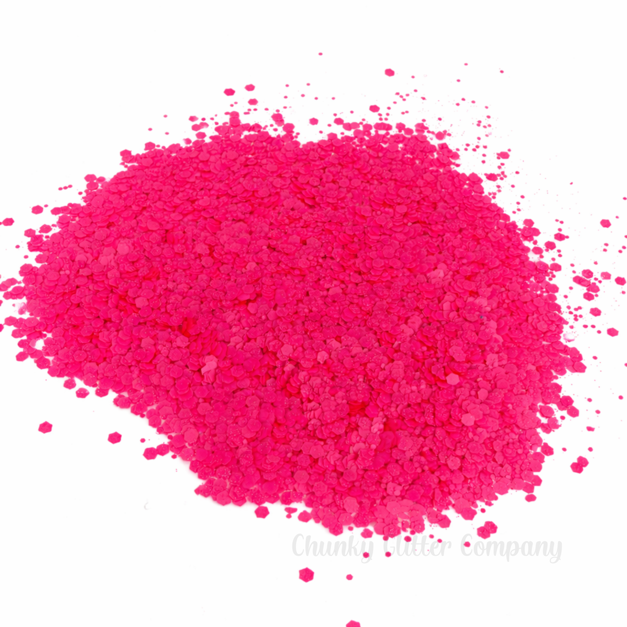Fluorescent Pink chunkty glitter on a white background with branding "Chunky Glitter Company"