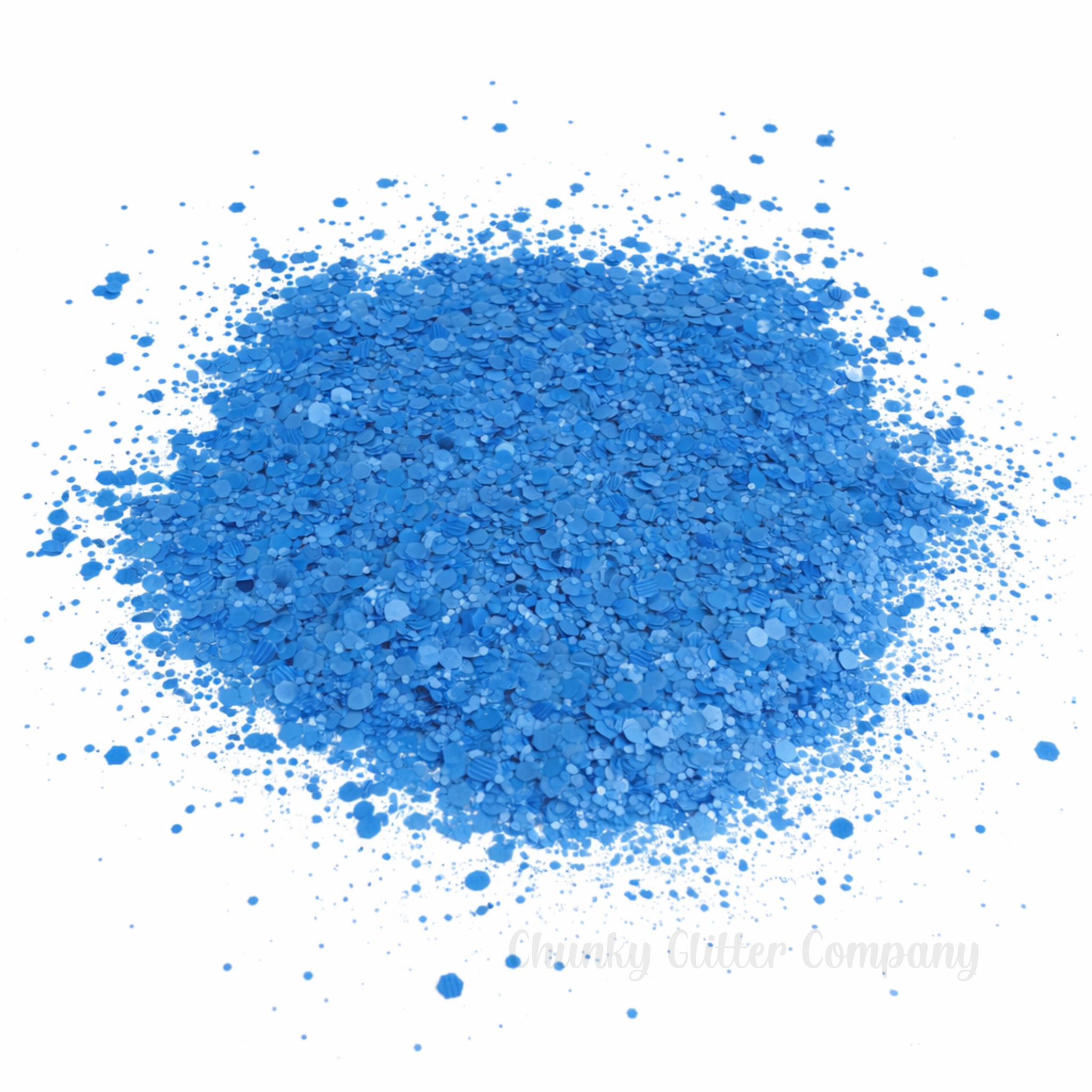 Fluorescent Blue chunky glitter on a white background with branding "Chunky Glitter Company"