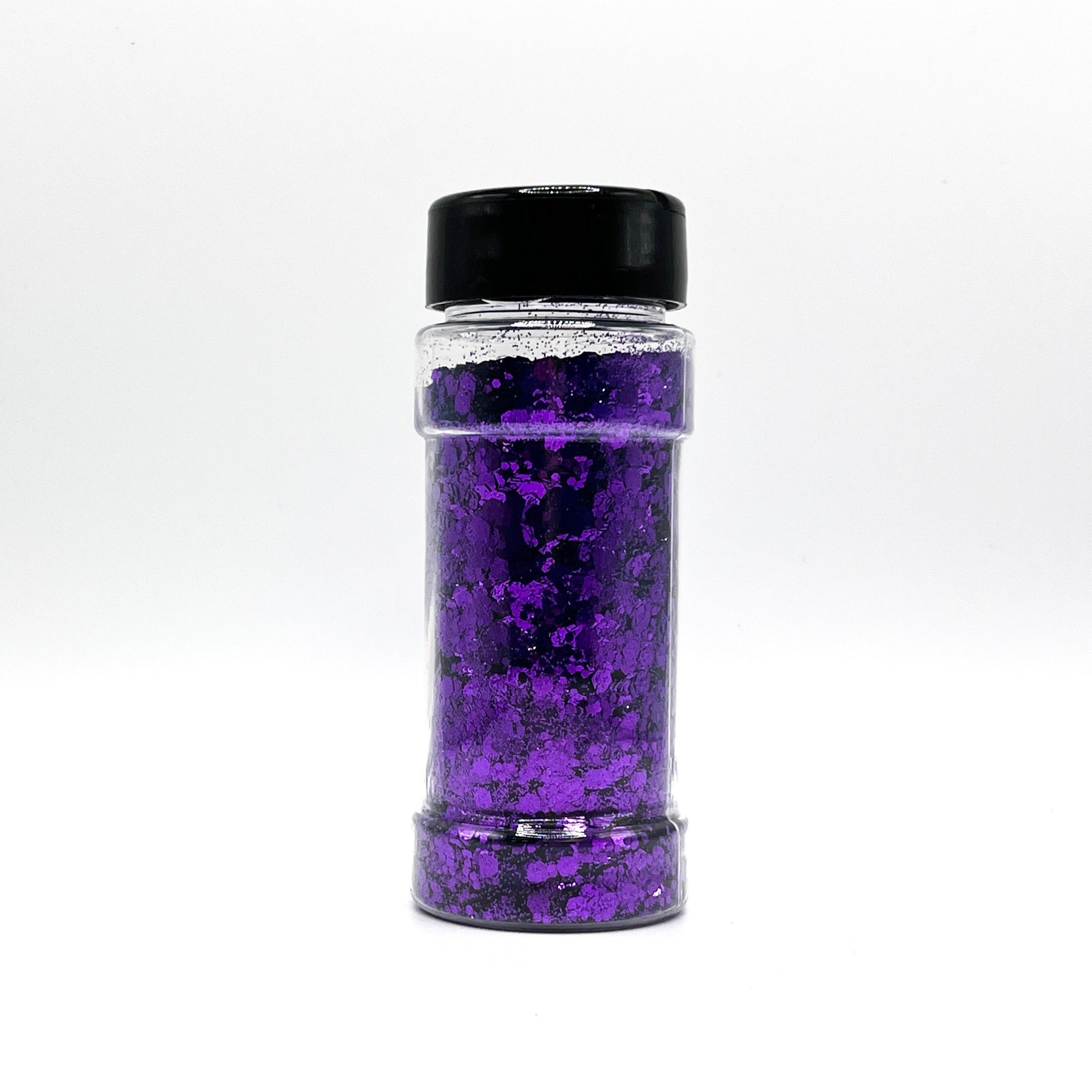 A 2oz jar containing 1oz of chunky glitter with a black cap.