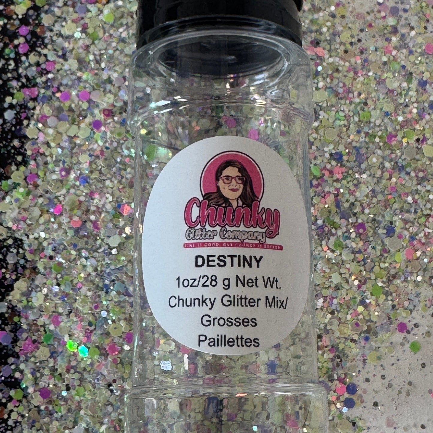 A clear plastic bottle with a label showing 'Destiny' by Chunky Glitter Company, containing a Light Mint/White/Rainbow/Silver chunky glitter mix.