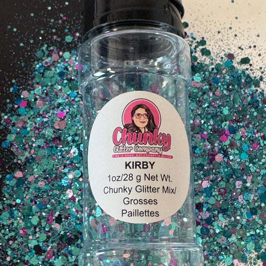 A clear plastic bottle with a label showing 'Kirby' by Chunky Glitter Company, containing a Light Teal/Purple/Blue chunky glitter mix.