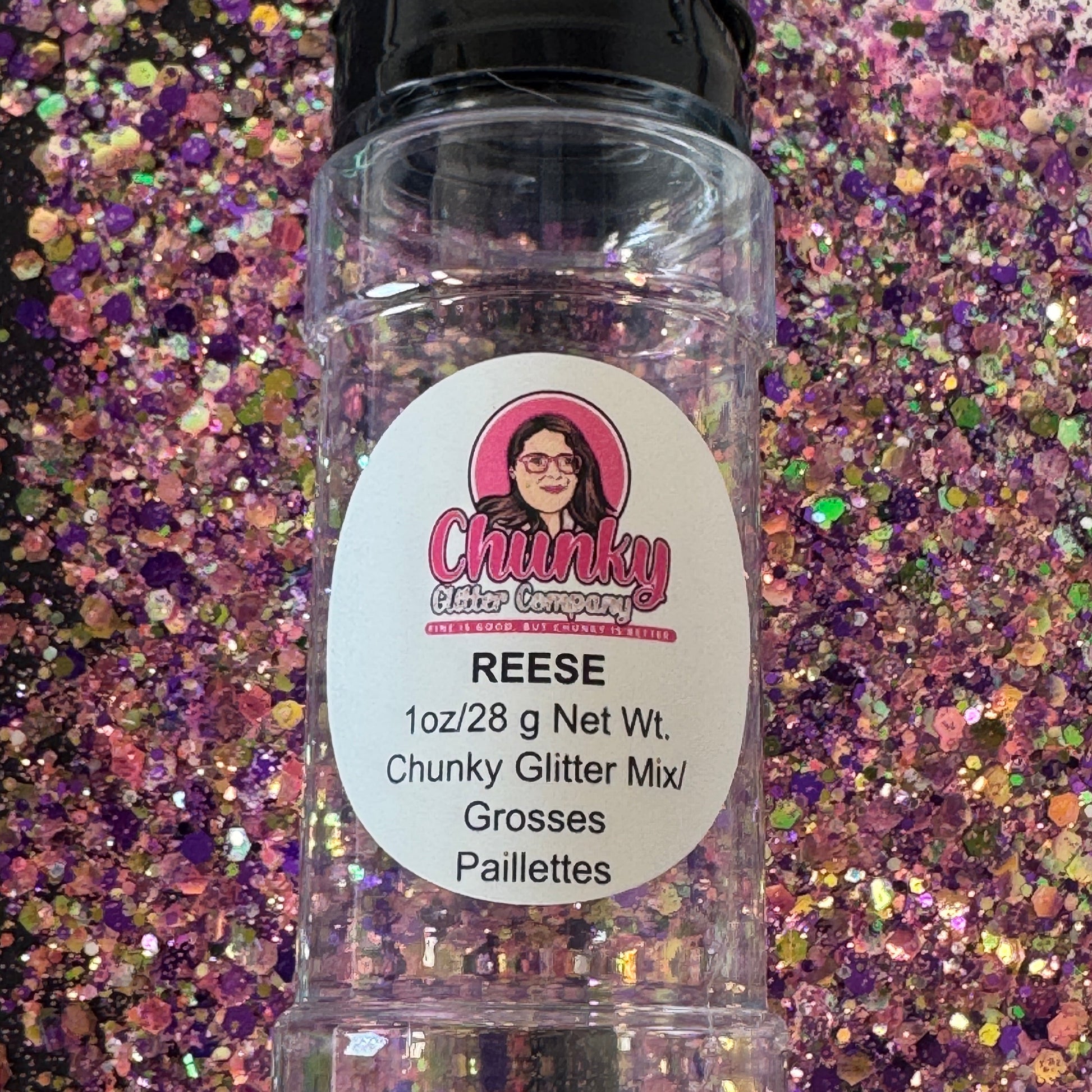 A clear plastic bottle with a label showing 'Reese' by Chunky Glitter Company, containing a Pink/Purple/Green chunky glitter mix.