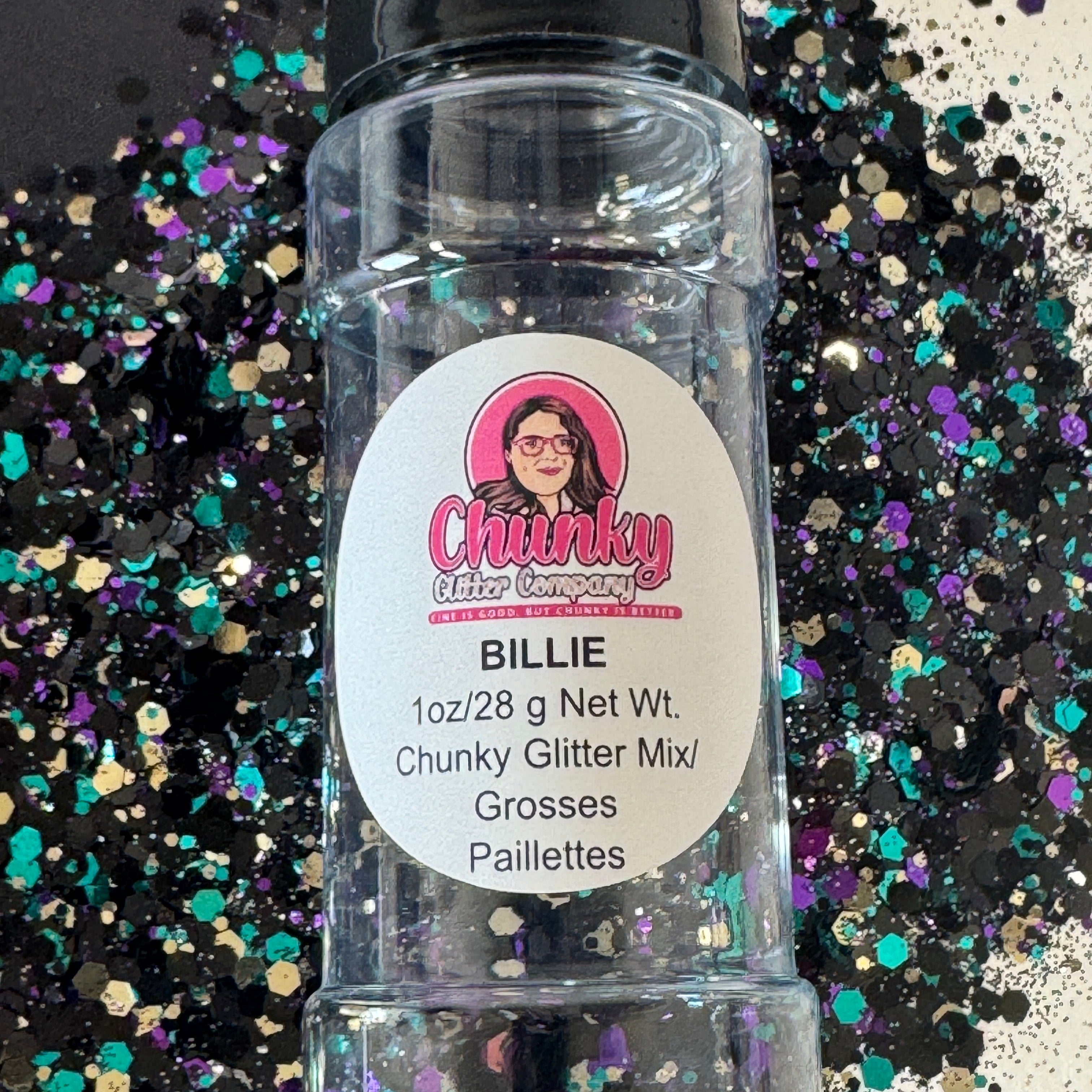 A clear plastic bottle with a label showing 'Billie' by Chunky Glitter Company, containing a Light Black/Teal/Purple/Gold chunky glitter mix.