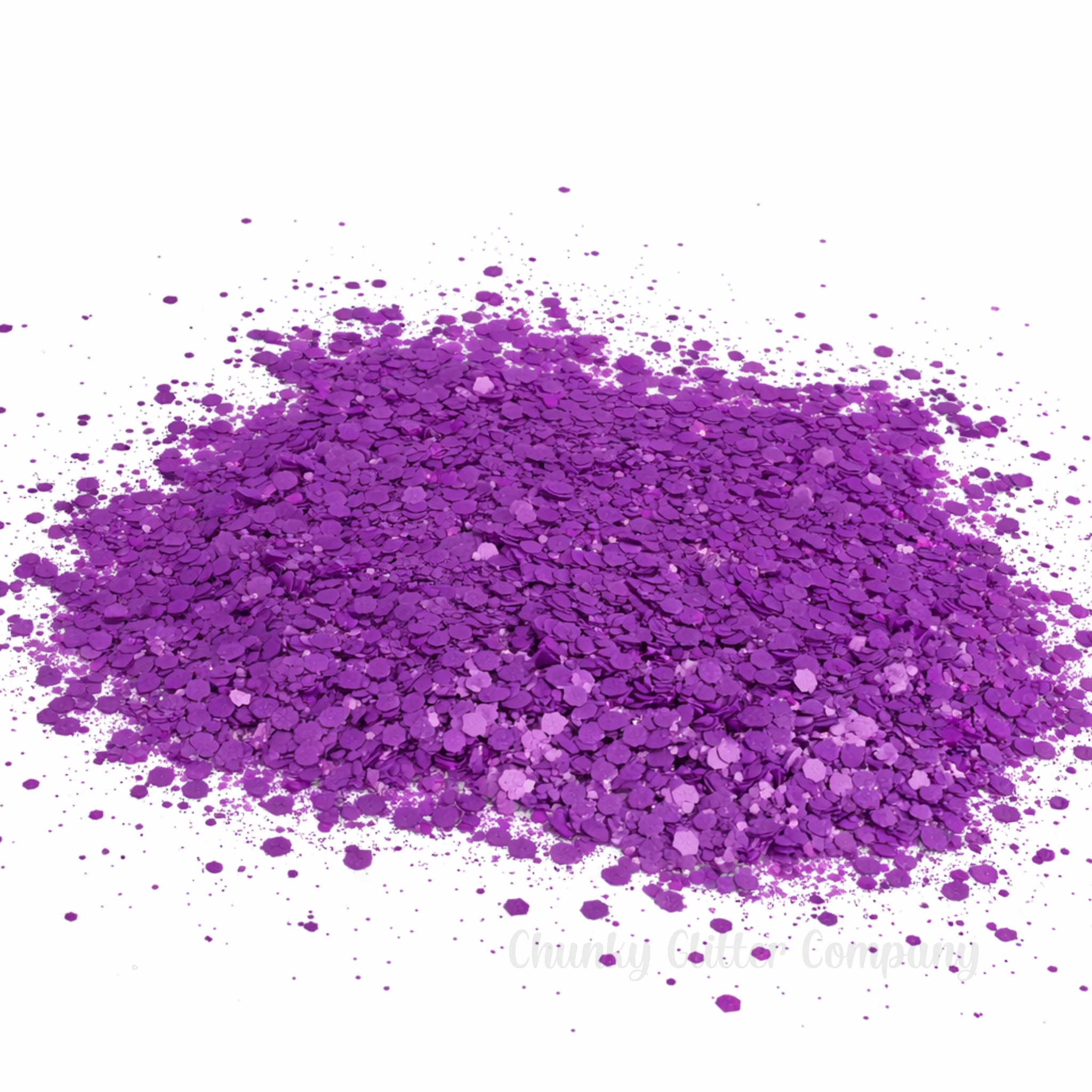 Fluorescent Purple chunky glitter on a white background with branding "Chunky Glitter Company"