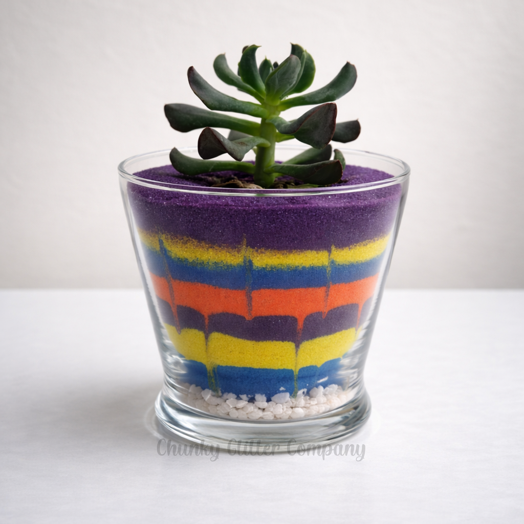 A terrarium with layered sand in various colours and a succulent.