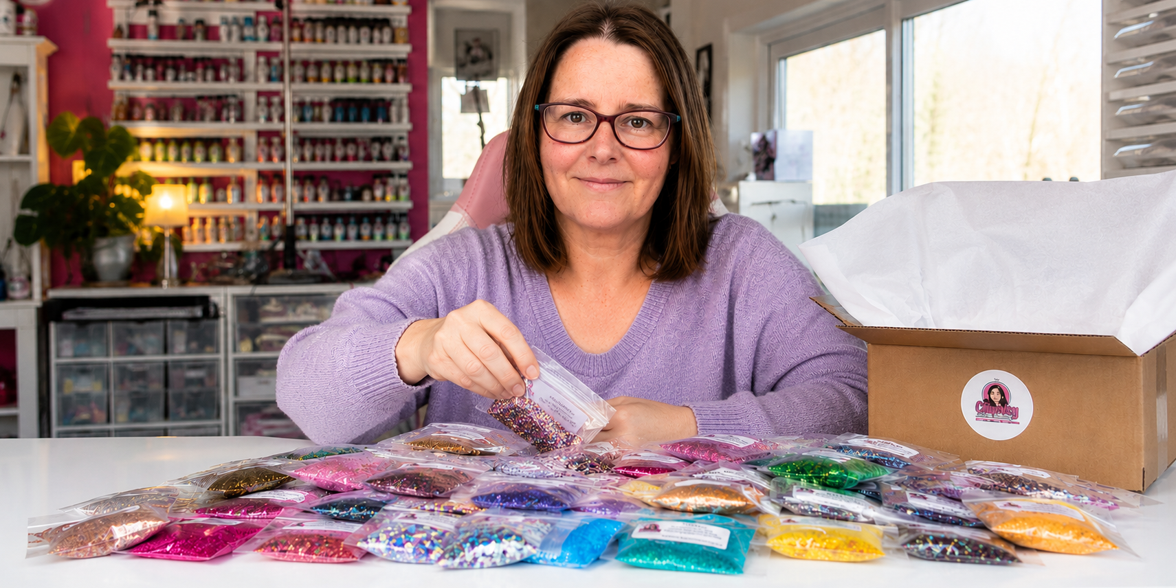 Woman in a craft room with colourful glitters and a box.