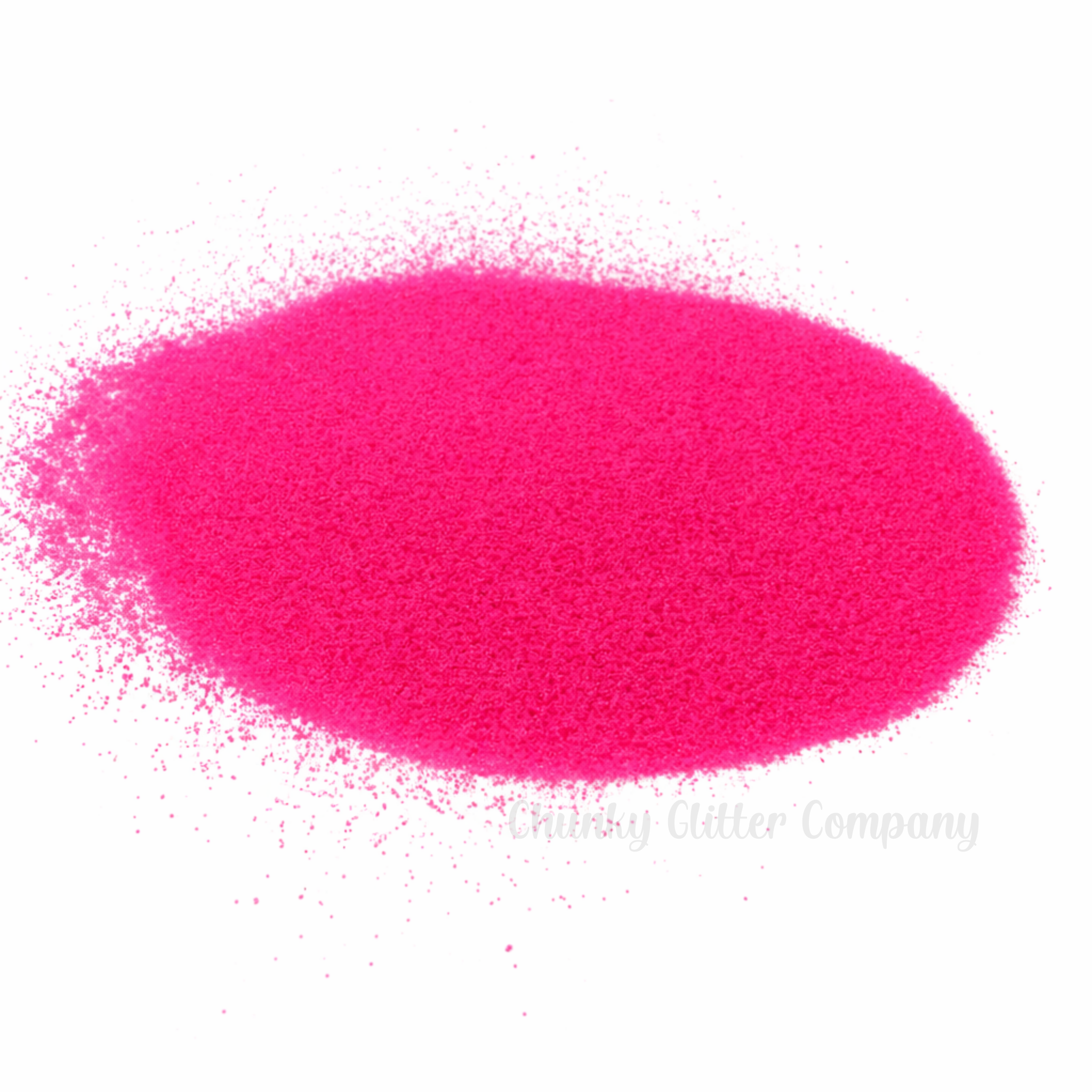 Fluorescent Pink extra fine glitter on a white background with branding "Chunky Glitter Company"