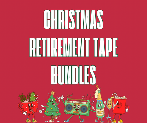 Promotional graphic for Christmas retirement tape bundles with cartoon characters on a red background.