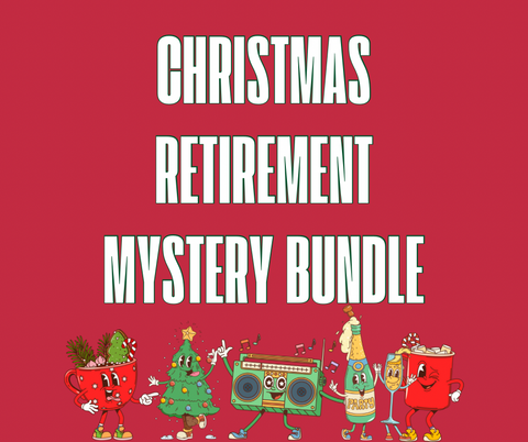 Promotional graphic for a 'Christmas Retirement Mystery Bundle' with cartoon characters on a red background.