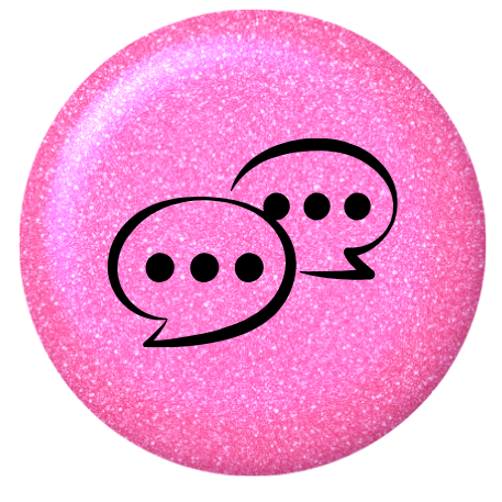 Pink button with speech bubble icons on a white background