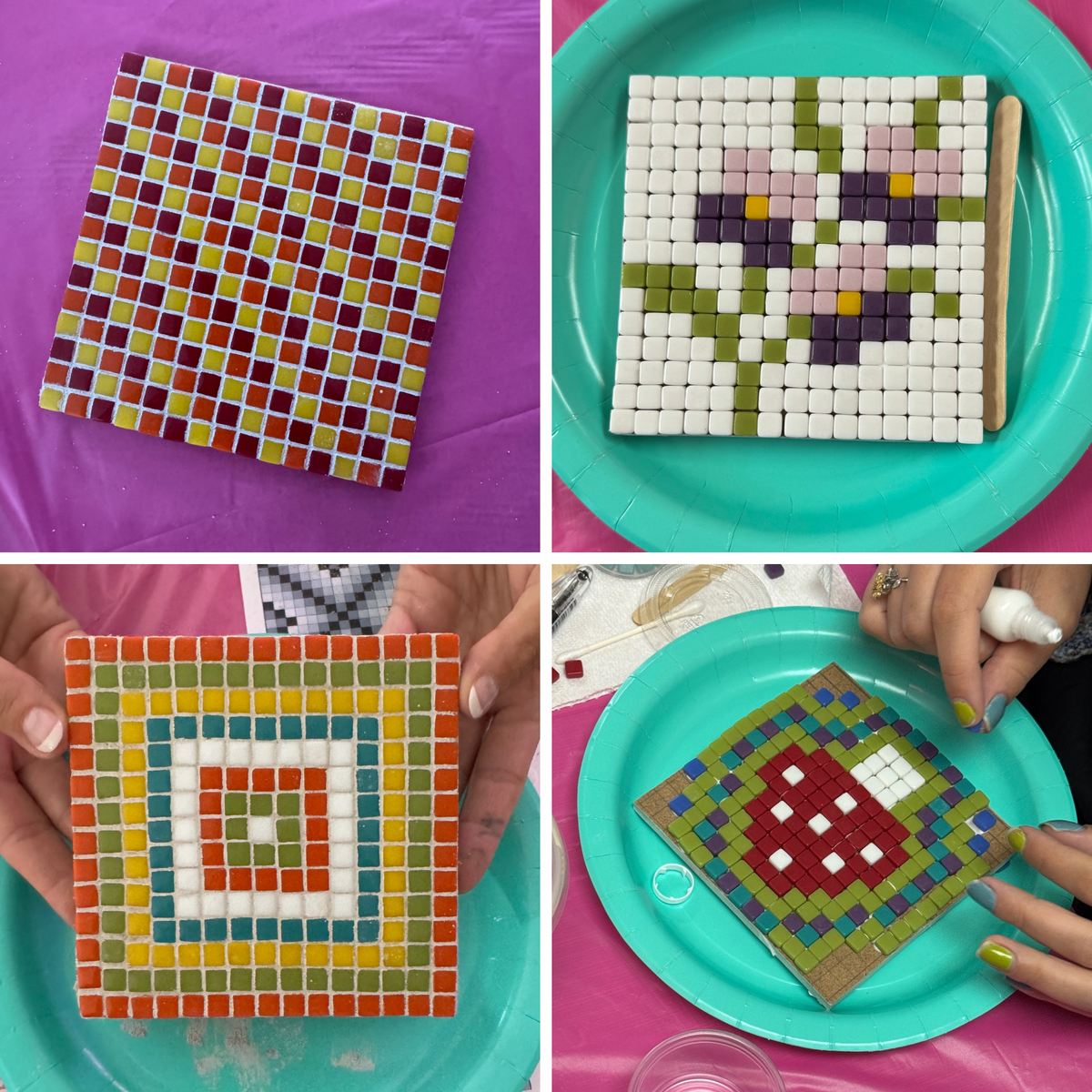 Collage of mosaic art projects on plates with different designs.
