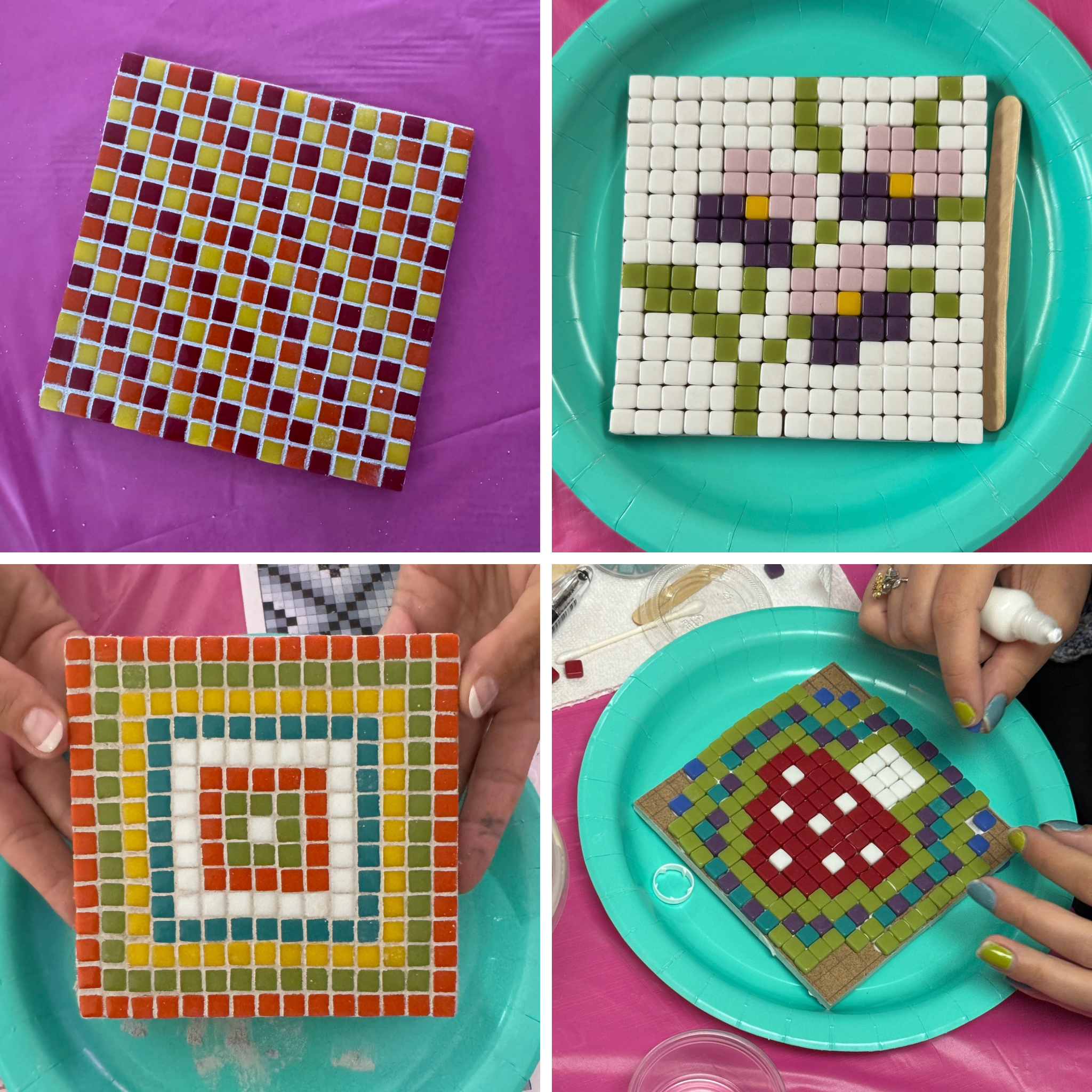 Collage of mosaic art projects on plates with different designs.